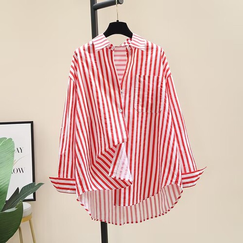Cotton Print Striped Shirt Women 2025 Spring and Autumn New Fashion Loose Matchy Matchy Long Sleeve Open Shirt Women Innerwear