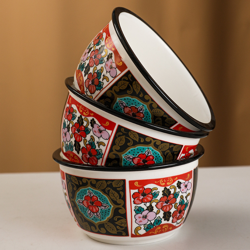 [Z] Creative Ceramic Bowl Household Tableware Set Bowls and Plates Retro Dessert Snack Fruit Bowl Rice Bowl Flower Rice Bowl