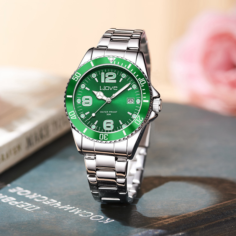 WOVE brand domineering fashion high-end light luxury business automatic quartz steel band digital green water ghost men's wrist watch