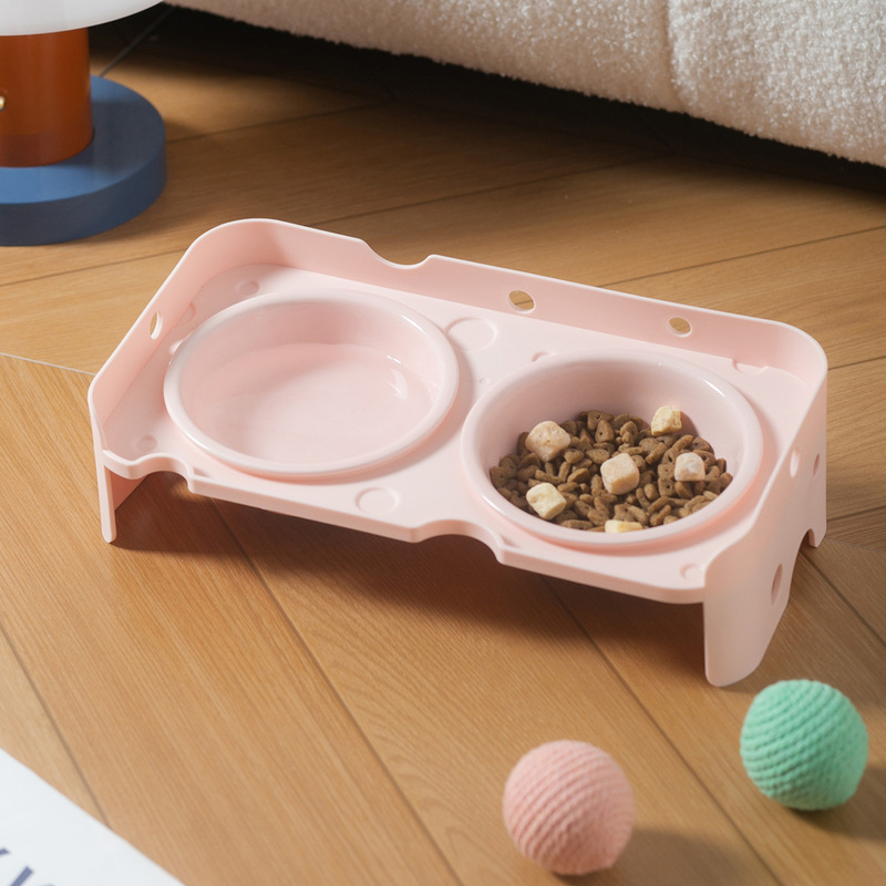 Creative Colorful Leak-Proof Bowl with Cheese Tilted Bowl Holder Anti-Knock over Cat Bowl Dog Bowl Neck Protection Water Bowl Ceramic Pet Bowl