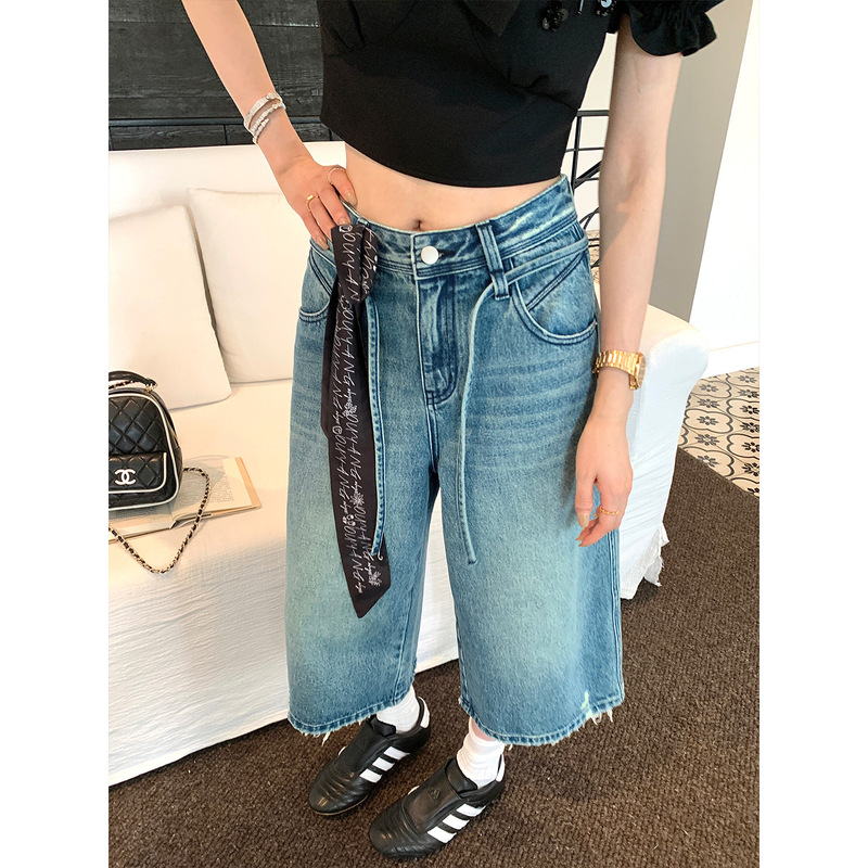 In-Stock Ouyang Cropped Jeans for Women, Summer Thin Loose Straight Mid-Length Wide-Leg Pants, Vintage Distressed Pants