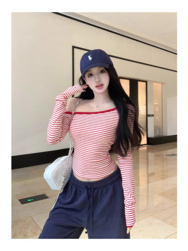 韩系斜领露肩设计感别致条纹长袖T恤女秋季修身内搭打底衫上衣ins|undefined
