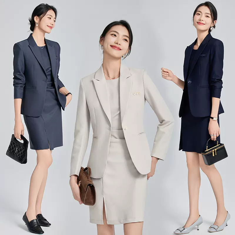 职业装西装连衣裙套装女春秋气质弹力两件套珠宝店酒店前台工作服