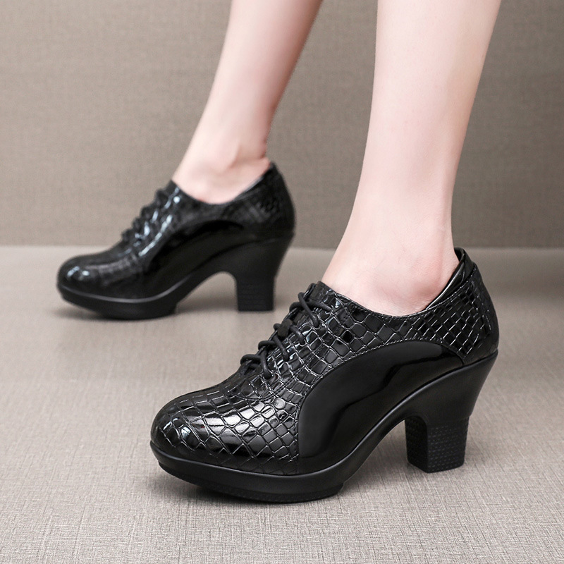 Patent Leather High-Heeled Chunky Heel Deep-Cut Single Shoes for Women, Lace-Up Platform Dance Shoes, Waterproof Platform Work Shoes, Adult Square Dance Shoes