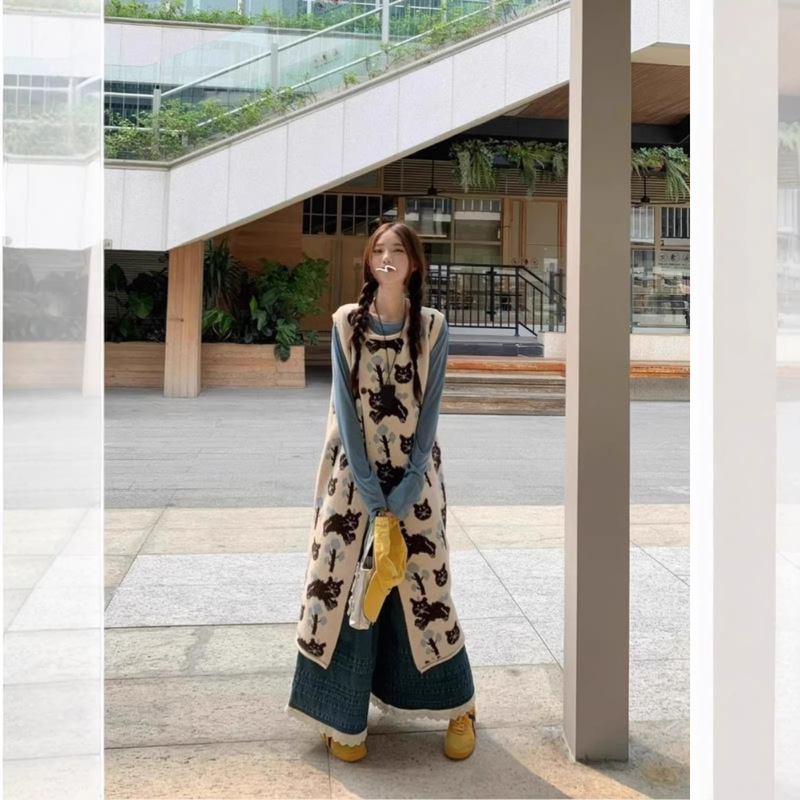 Designed Layered Vest Dress Bottoming Shirt Lace Wide-Leg Denim Pants Women's 2025 Spring & Fall Fashion Suit