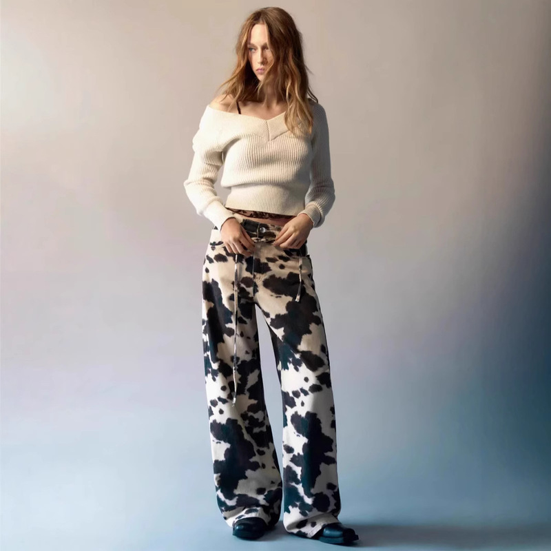 European and American Cross-Border American Retro Straight Pants Cow Pattern Printed Washed Tie-Dye Jeans Distressed Loose Trousers Trendy