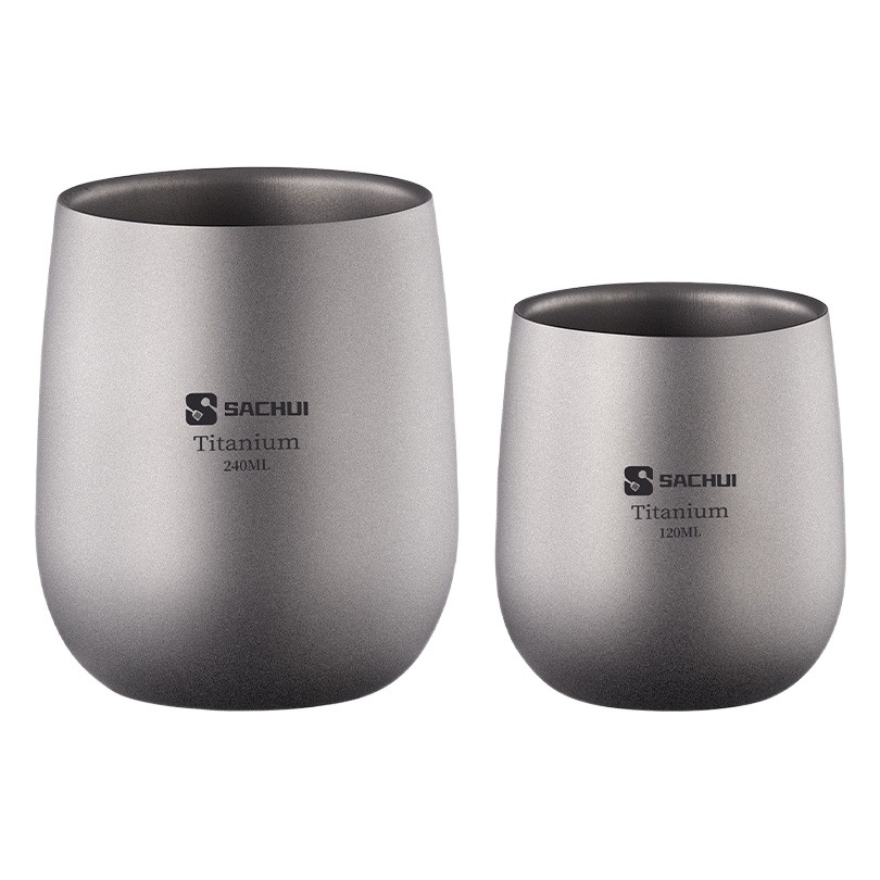 Double-layer titanium cup outdoor picnic tableware without handle portable camping ultralight pure titanium tea cup water cup office coffee cup