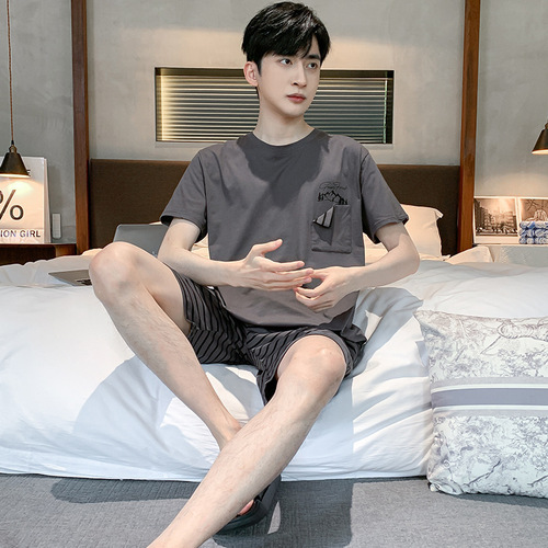 Summer men's short-sleeve pajama set, thin cotton casual plus-size youth home clothes, men's loose set for summer