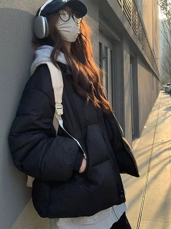 黑色立领羽绒棉服女冬季韩版初中高中学生加厚保暖中长款外套棉袄