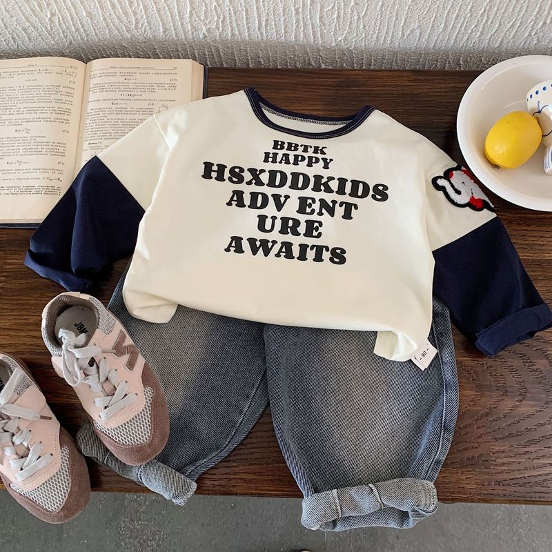 邦誠子供用長袖Tシャツ2025春秋新作韓国風男の子レターデザインフェイクツーピースプルオーバーH0331|undefined