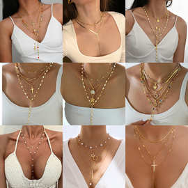 跨境新款时尚创意镶钻花朵项链女高级感流苏链叠戴锁骨毛衣链批发