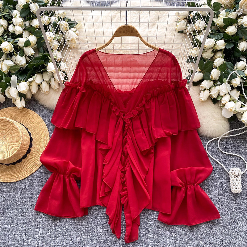 Summer Elegant Lazy Style Socialite Ruffled Trim Flared Sleeve Chiffon Blouse Loose Shirt Women's Clothing Tops_ecoleips.com