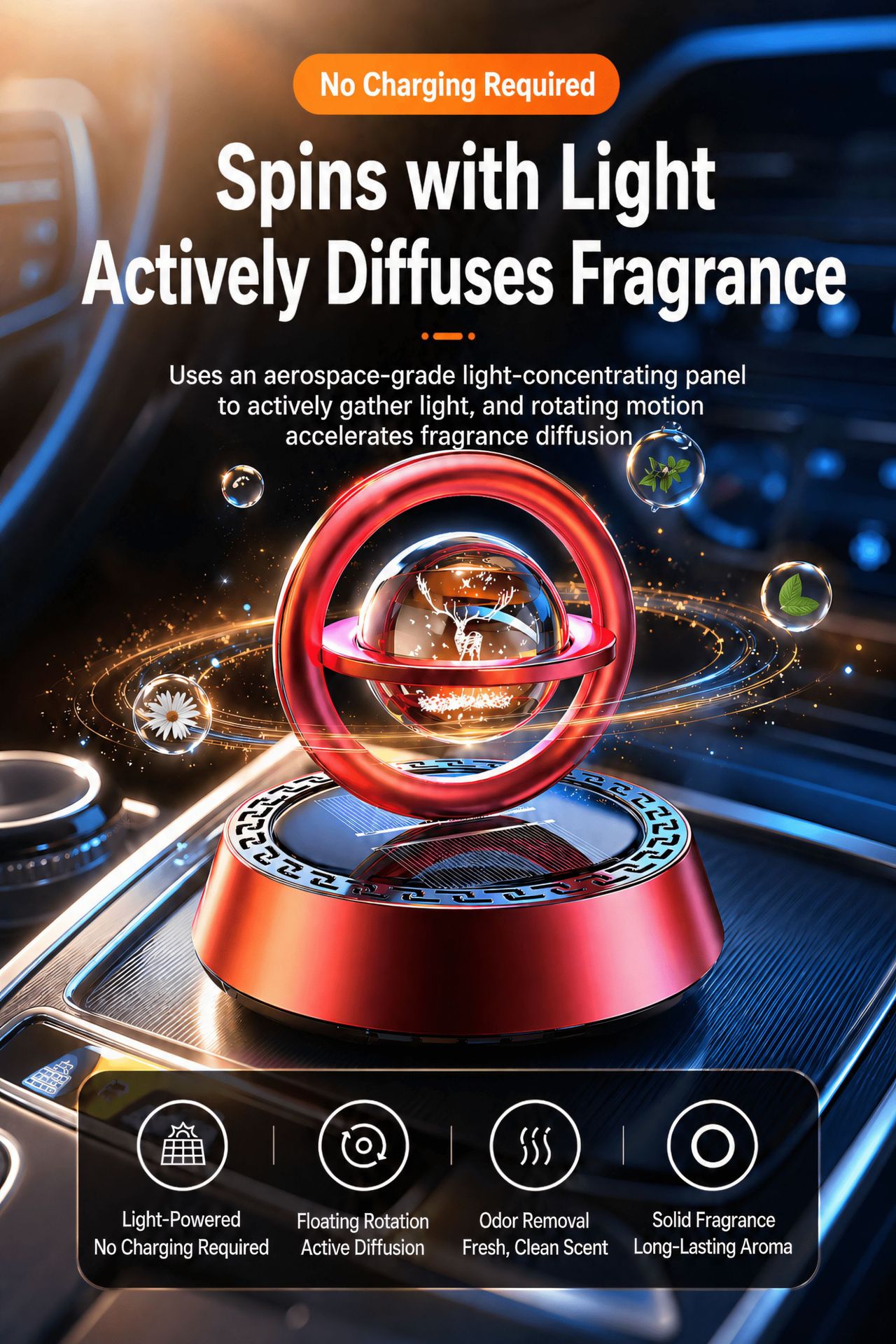 Car-mounted solar-powered aromatherapy diffuser, new model, solar-powered floating crystal solid perfume, creative car decoration with a fresh fragrance
