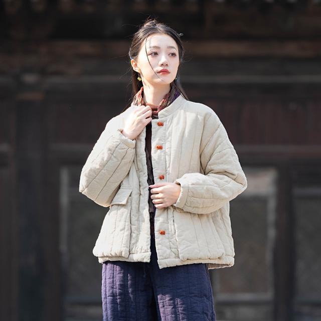 棉麻棉衣女中国风外套女撞色盘扣立领短款棉服民族风苎麻中式棉袄