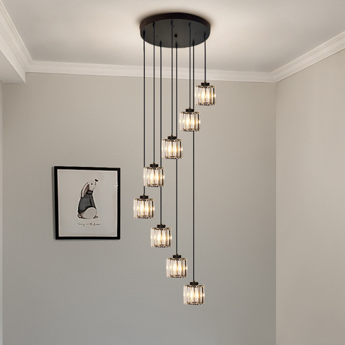 Creative double-story staircase villa living room luxury lighting modern minimalist elegant black crystal long pendant light