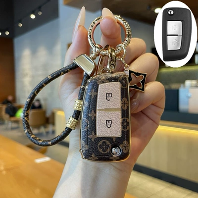 Decorative Car Keychain, Car key bag - foldable-2-button-key-cover-light-luxury-leather-rope
