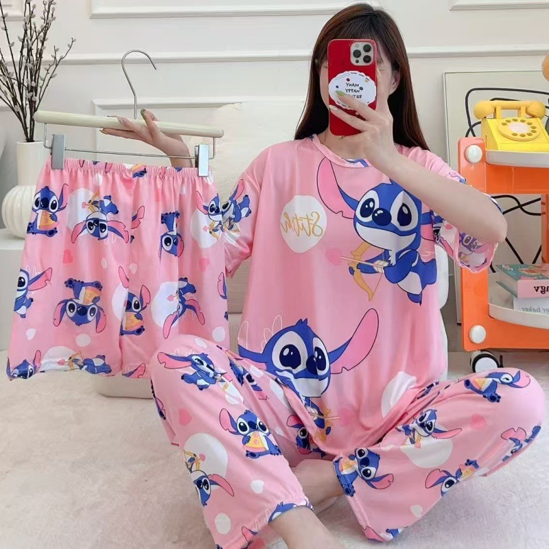 Pijamas de verano transfronterizos pijamas de leche de seda de tres piezas set de dibujos animados comercio exterior ropa para el hogar pantalones de mangas cortas lindos