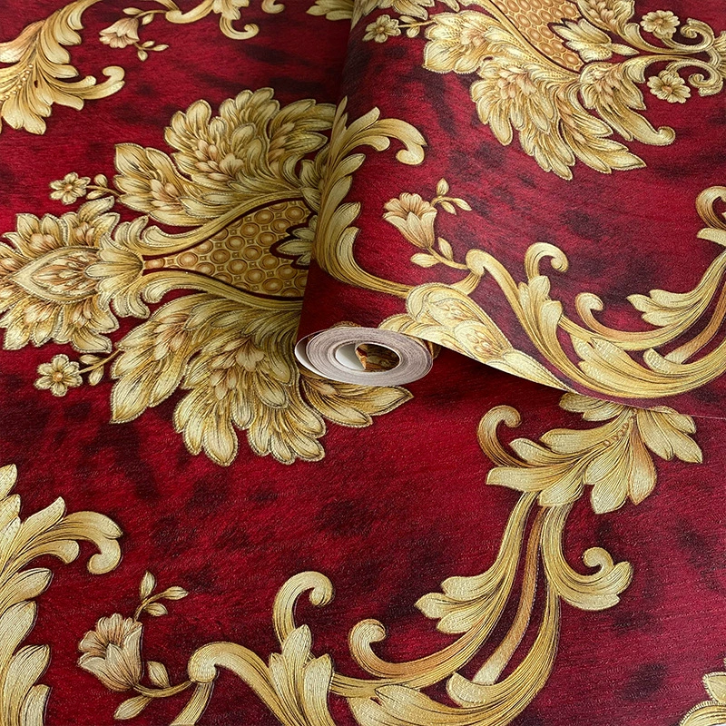 Red 3D three-dimensional European flower wallpaper bedroom living room dining room KTV box background wall palace style wallpaper