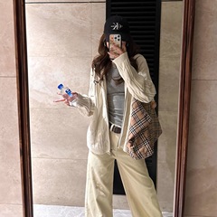 跨境美式连帽针织开衫女秋冬季双拉链麻花毛衣外套慵懒学院风上衣