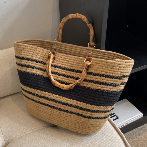 Temperament popular woven women's bag  new fashion tote bag spliced ​​single shoulder large capacity bamboo handbag