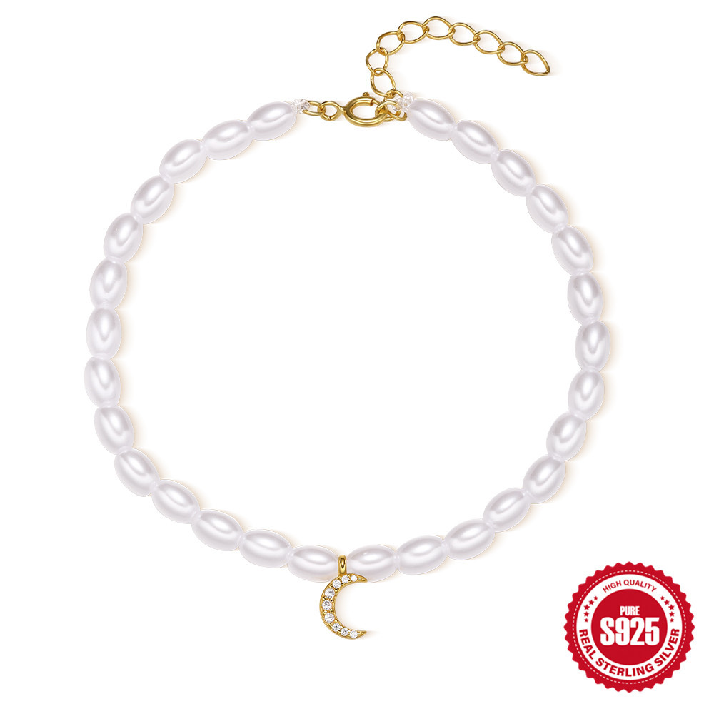 S925 plata de ley grano de mijo francés perla estrella de ocho puntas ojo de diablo pequeña serpiente luna diamante pulsera de sentido avanzado