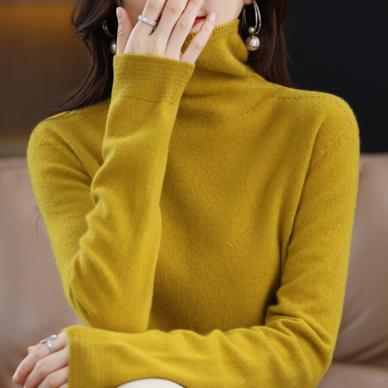 One-Line Ready-To-Wear Seamless Pure Wool Pure Color Bottoming Shirt with Pile Collar Women's Pullover Inner Sweater Turtleneck Knitwear