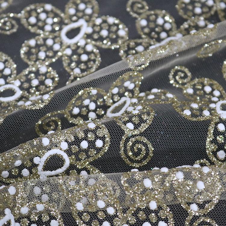 Después del proceso de tela de malla malla rociado oro oro vestido de boda vestido de princesa en relieve palacio tela Han al por mayor
