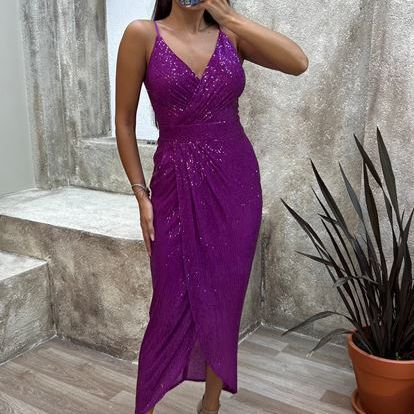 Damenbekleidung, modisches Partykleid mit Pailletten, Hosenträgern, V-Ausschnitt, Hüftwickel und Schlitz_voghion.com