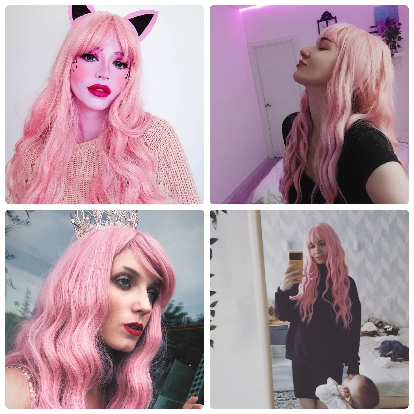 Pink Wave Synthetic Clip-in Hair Wig With Sophisticated Bangs_voghion.com