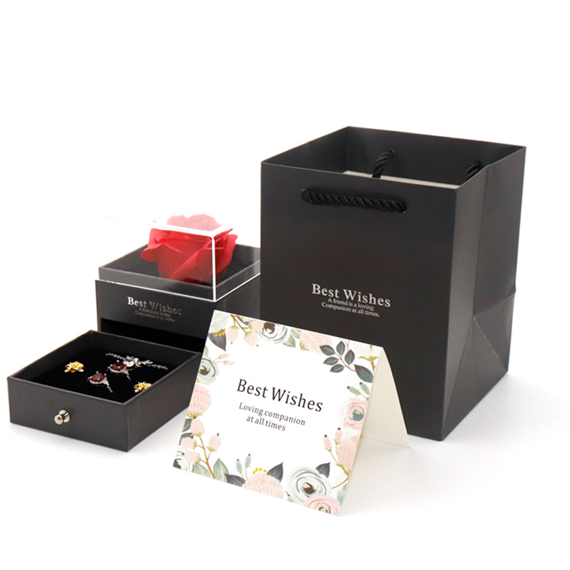 Qixi día de San Valentín caja de flores eterno rosa única anillo acrílico pendientes colgante conjunto caja de regalo de almacenamiento