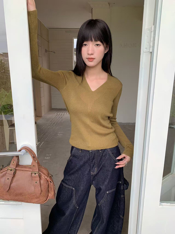 誉一新款2025秋季甜辣风领针织衫女百搭修身显瘦长袖上衣女c3090|undefined