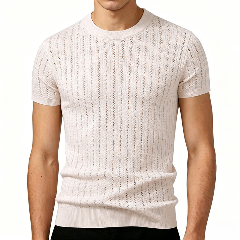 European and American Cross-Border Men's Anti-Pilling Short-Sleeve Knit T-Shirt Summer Round Neck Fashion Solid Color Short-Sleeve Top Trendy