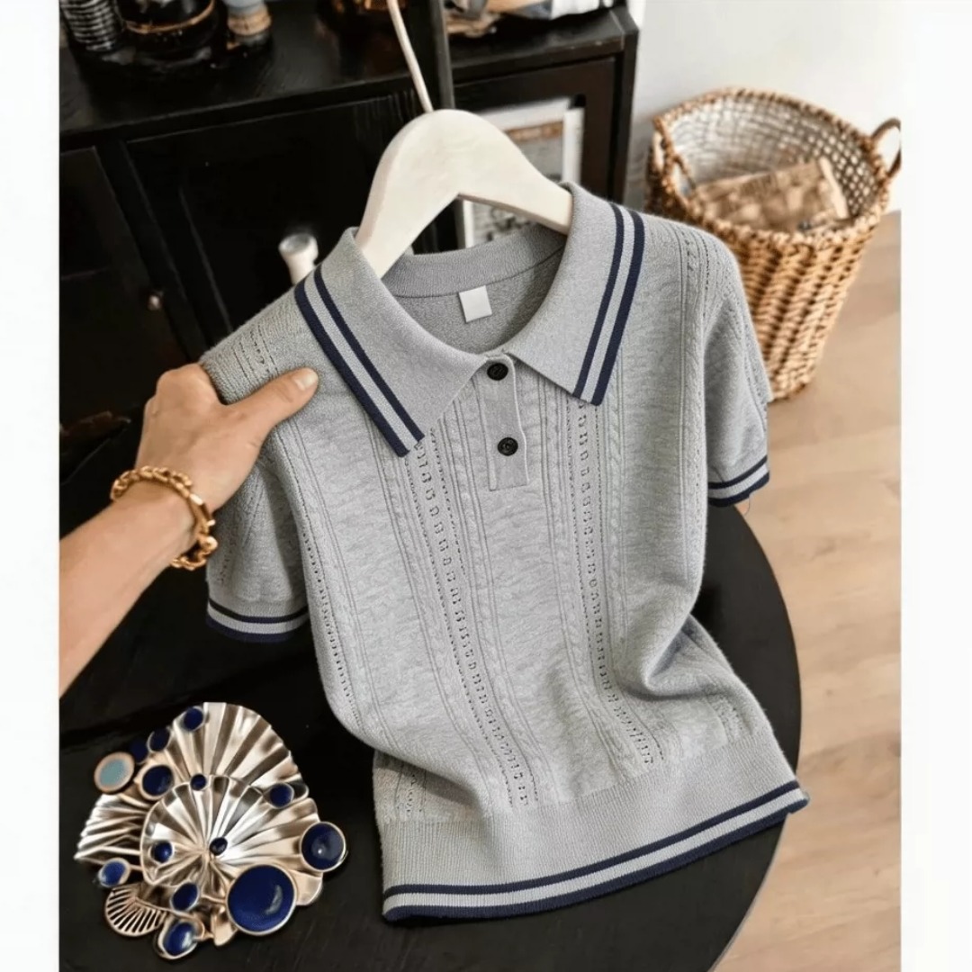 Áo thun nữ cổ polo phối màu tay ngắn phong cách Hàn Quốc — màu trắng chi tiết 4