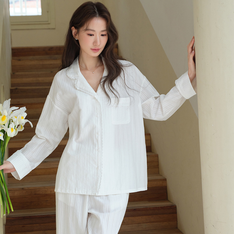 여성용 잠옷, 가을 겨울 신상, 순면 자카드, 정교한 한국 스타일, 레이스, 아름다운 디자인, 긴팔, 긴바지, 루즈핏, 홈웨어