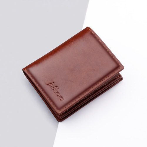 Vertical wallet for men, short, thickened, large-capacity wallet, oil wax leather, can hold driver's license, zippered wallet, thickened