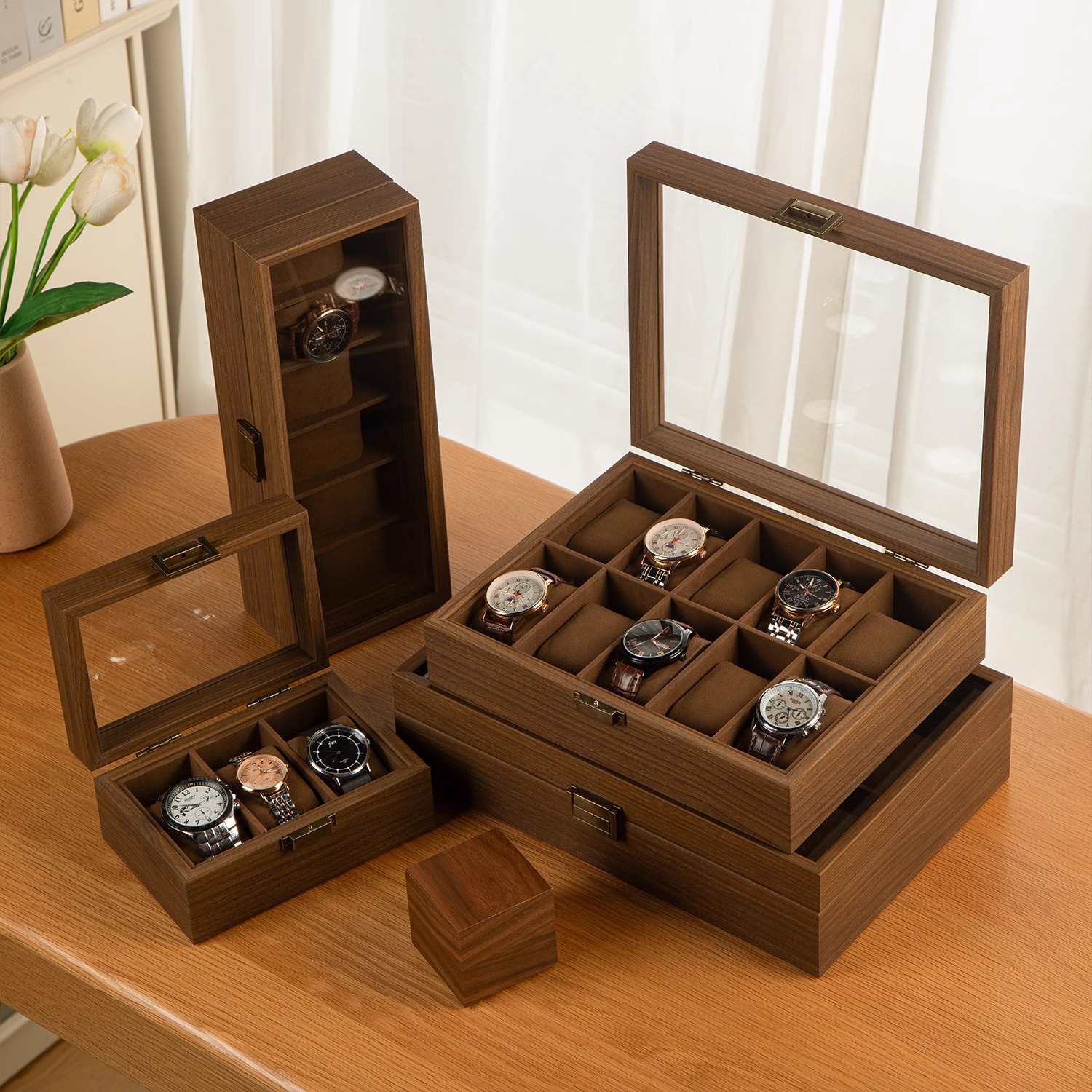 Wooden Watch Special Display Box 6-digit Transparent Dust-proof Oxidation Collection Wrist Mechanical Watch Special Storage Box with Lid