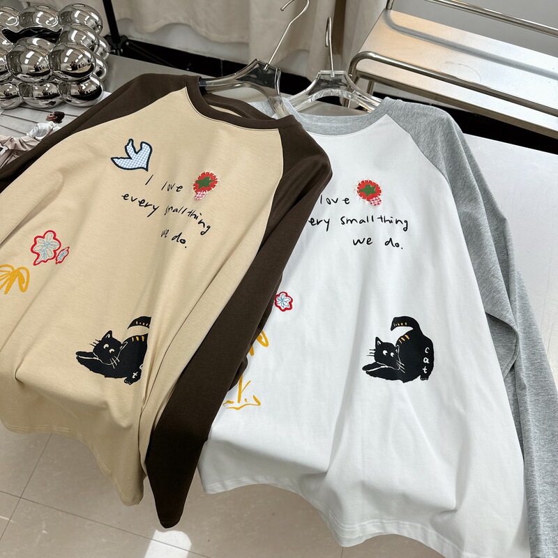 插肩撞色长袖t恤女早秋新款2025慵懒风宽松版上衣外穿设计感小众T|undefined