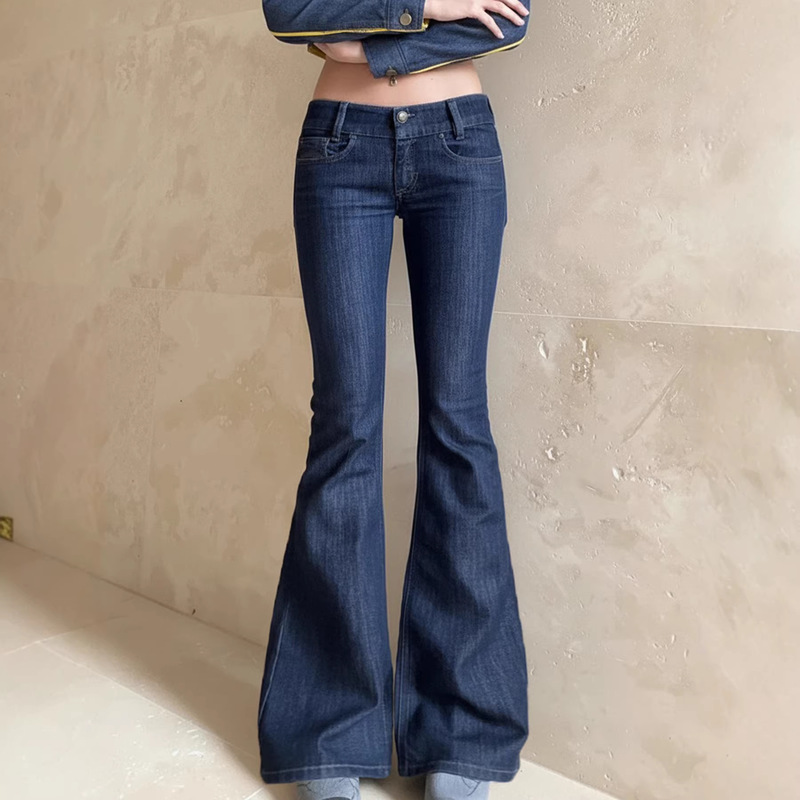 New Cross-Border American-Style Dark Blue Raw Denim Color Personalized Street Style Low-Waist Slim Fit Flared Jeans