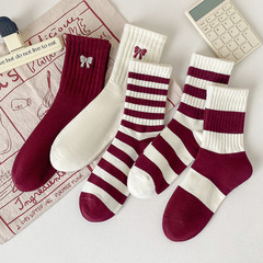 襪子女安可拉紅中筒襪秋冬季甜美少女蝴蝶結韓版酒紅色條紋長襪女