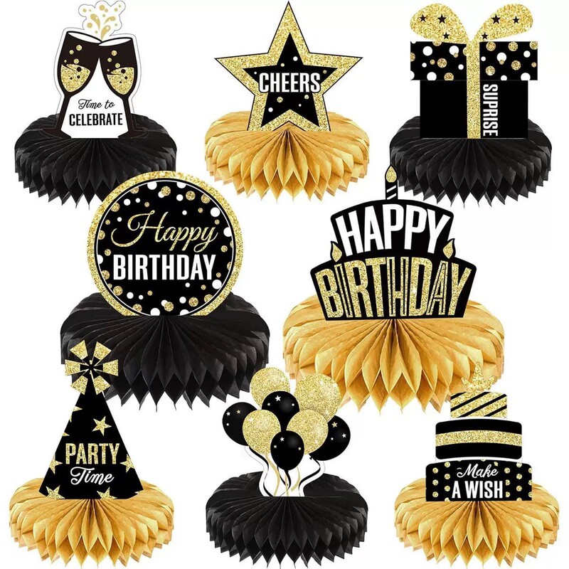 Cross-Border Hot-Selling New Black and Gold Birthday Honeycomb Decorations for First Birthday Party Decorations, Party Honeycomb Display Stand Cross-Border Hot-Selling New Black and Gold Birthday Honeycomb Decorations for First Birthday Party Decorations, Party Honeycomb Display Stand