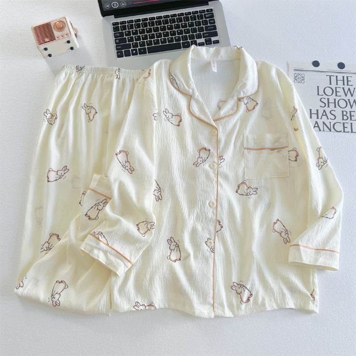 Pijamas al por mayor transfronterizos para mujer traje de algodón de nube de manga larga de otoño de dibujos animados lindo cárdigan de alta gama solapa servicio a domicilio