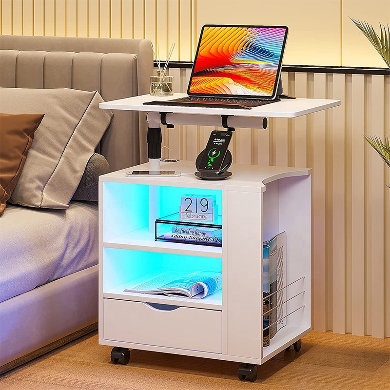 White Modern Simple Smart Color-Changing Lamp with Bedside Table Bedroom Small with Row Plug Foldableable Liftable Table Board