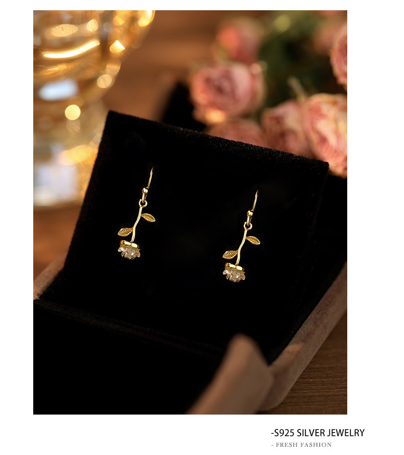 Rose Drop Earrings In Pure Silver For Women Forest Style Studs_voghion.com