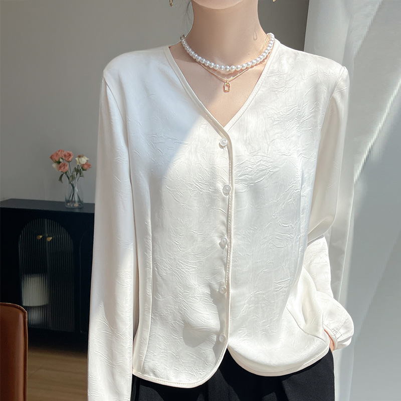 Cross-Border 2025 Summer New Ice Silk V Neck Shirt Long-Sleeved Women's Pure Color Loose Dark Pattern Versatile Shirt Tops for Women