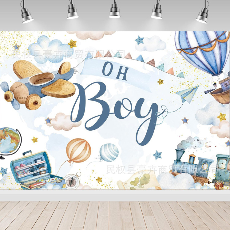 Amazon Hot Selling Oh Boy Adventure Theme Photography Background Cloth Blue Airplane Baby Shower Decoration Supplies