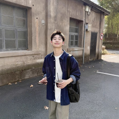 蓝色牛仔衬衫长袖男生春秋季2025新款日常百搭外套上衣衬衣纯色