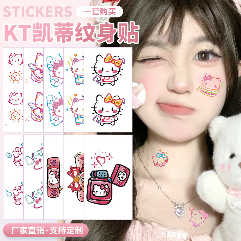Hello Kitty Tattoo Stickers in Stock, Colorful Lines, Cute and Sweet Cool Girl Style, Long-Lasting Cartoon Kt Cat Tattoo Stickers, Customizable