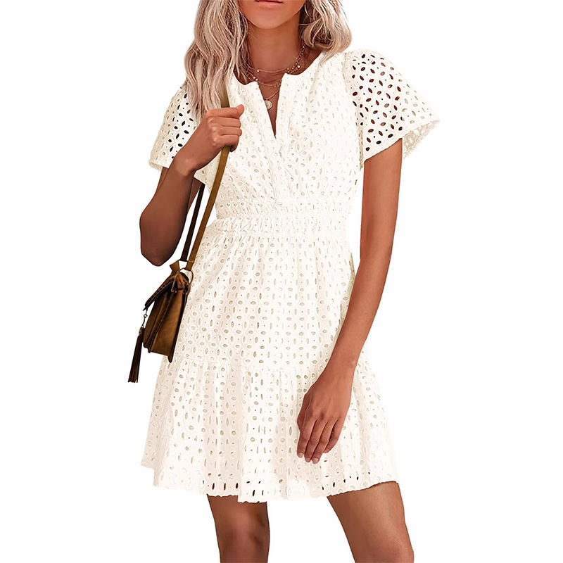 2025 European and American Cross-Border Women's V Neck A-Line Cut Out Lace Embroidered Short-Sleeved Fashion Casual French Dress 2025 European and American Cross-Border Women's V Neck A-Line Cut Out Lace Embroidered Short-Sleeved Fashion Casual French Dress