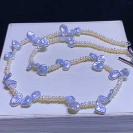 银蓝花瓣珍珠项链巴洛克花瓣珍珠配3-4mm小米珠厂家直销