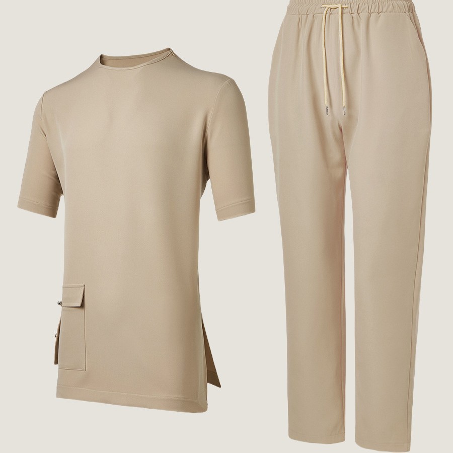 Completo casual da uomo con camicia e pantaloni con stampa africana, a maniche corte, tribale, per festival, color cachi, taglia XS-XXL_voghion.com